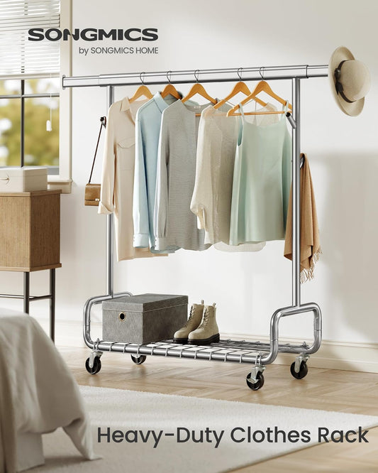Clothes Rack, Heavy-Duty Rolling Clothing Garment Rack with Wheels, Extendable Hanging Rod and Adjustable Height, Portable, with Shelf and Hooks, Silver UHSR014E01