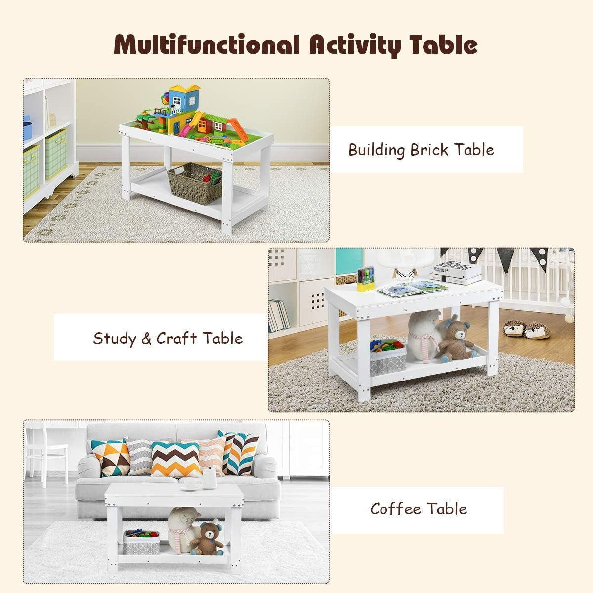 2 in 1 Kids Activity Table W/Storage, Patented Building Block Table W/Board for Bricks Crafts Arts Draw, Children Solid Wood Play Table Desk for Preschool Toddler Boy & Girl Gift, White