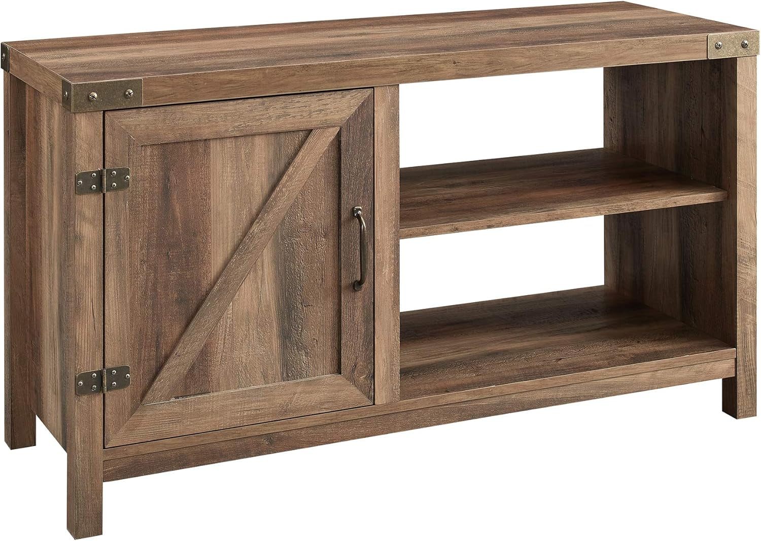 Lewis Single Barn Door Storage Console, 44 Inch, Rustic Oak, without Fireplace