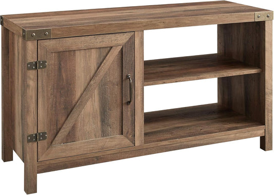 Lewis Single Barn Door Storage Console, 44 Inch, Rustic Oak, without Fireplace