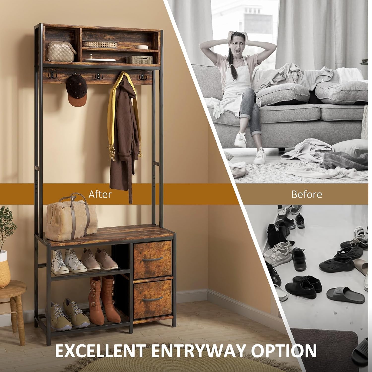 Hall Tree with Bench and Shoe Storage, 5-In-1 Entryway Bench with Coat Rack, 3 Storage Compartments, 5 Coat Hooks, 2 Fabric Drawers, Distressed Dark Brown