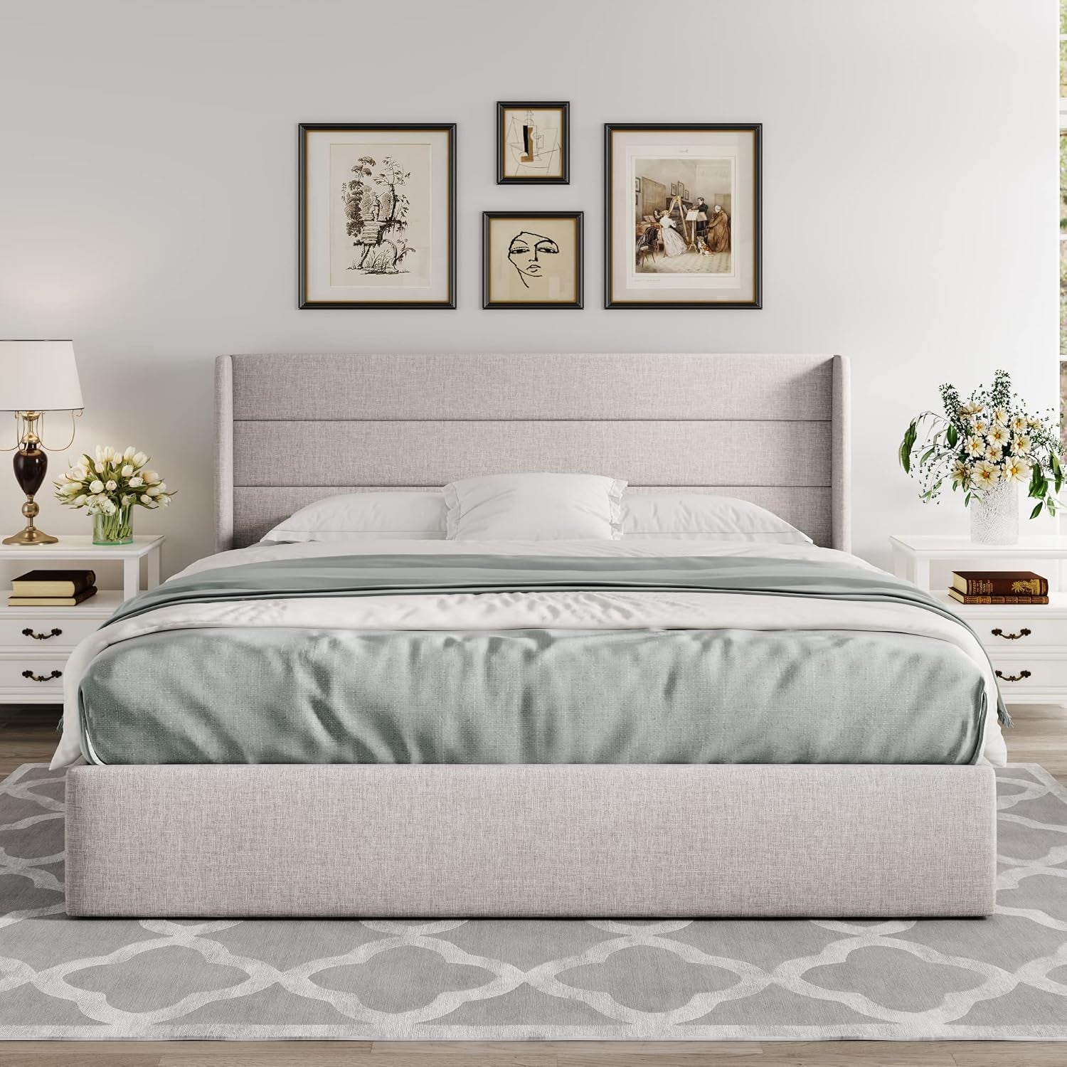 King Size Lift up Storage Bed, Modern Wingback Headboard, Hydraulic Support, No Box Spring Needed, Light Beige