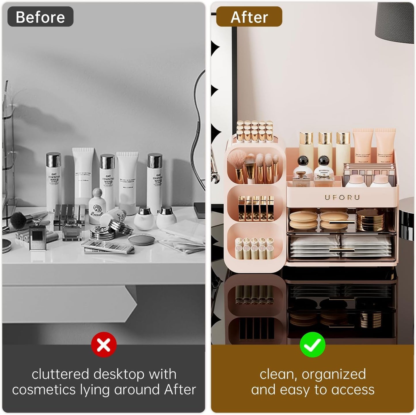 Makeup Organizer for Vanity with Brush Holder, Countertop Organizer with 2 Drawers, Spacious Cosmetic Display Case for Beauty Essential, Skincare, Lipstick