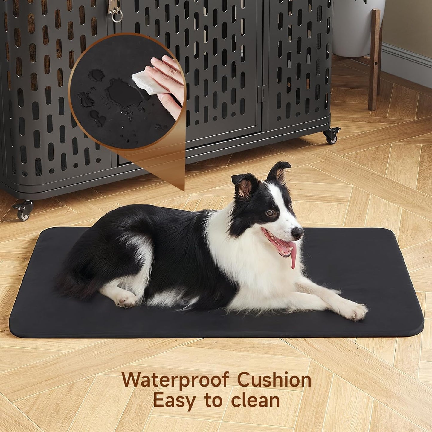 43.7" Dog Crate Furniture with Wheels, Indoor Heavy Duty Dog Kennel with Flip Top & Cushion for Medium Dogs, Escape-Proof and Chew-Proof Pet Cage for High Anxiety Pet, Decorate as TV Stand