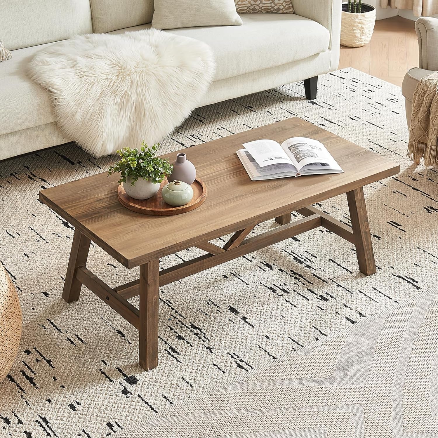Farmhouse 43" Coffee Table,Solid Wood Center Tables for Living Room and Office, Rustic Wooden Rectangular Table with V-Shaped Support, Natural