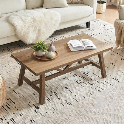 Farmhouse 43" Coffee Table,Solid Wood Center Tables for Living Room and Office, Rustic Wooden Rectangular Table with V-Shaped Support, Natural