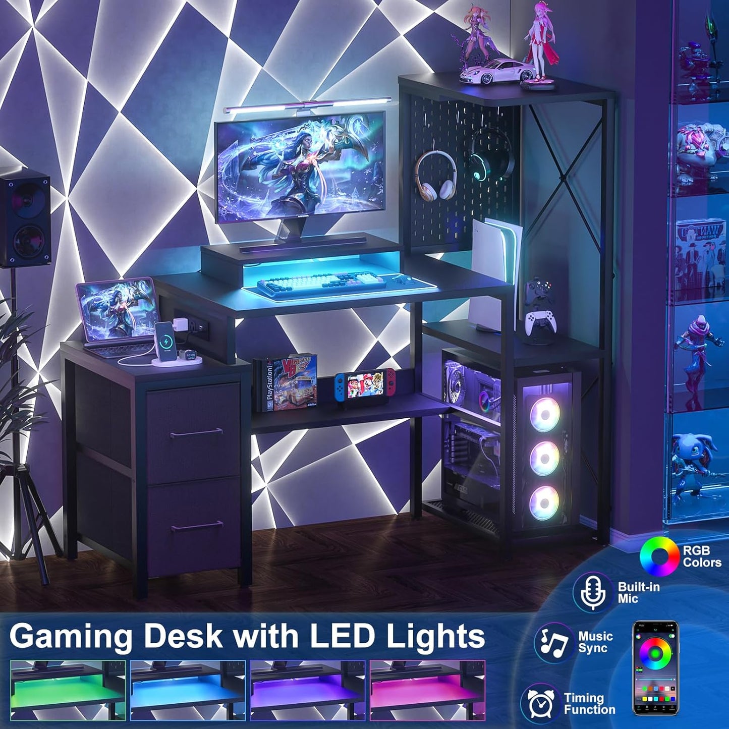 Small Gaming Desk with 2 Fabric Drawers - Reversible Computer Desk with Power Outlet & LED Lights, 49" Office Desk with Monitor Stand & Storage Shelves, Writing Study Table with Pegboard, Black