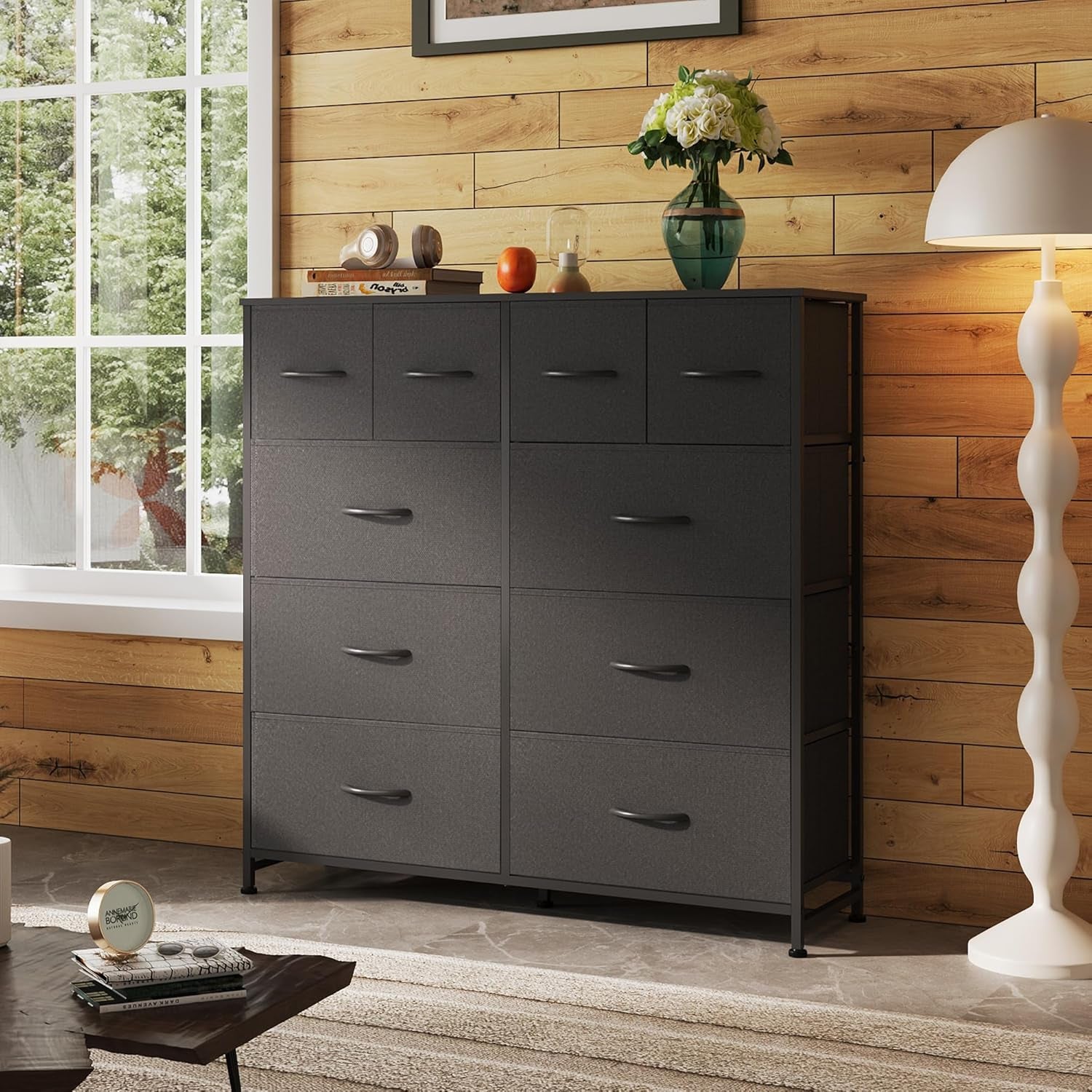 Dresser for Bedroom with 10 Fabric Drawers, Tall Chest Organizer Units for Clothing, Closet, Storage Tower with Cabinet, Metal Frame, Wooden Top, Black Dresser for Living Room