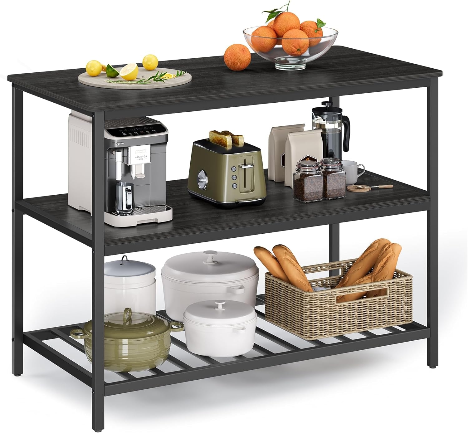 Kitchen Island with 3 Shelves, 47.2 Inches Width Kitchen Shelf with Large Worktop, Stable Steel Structure, Industrial, Easy to Assemble, Ebonised Oak and Black UKKI001B42