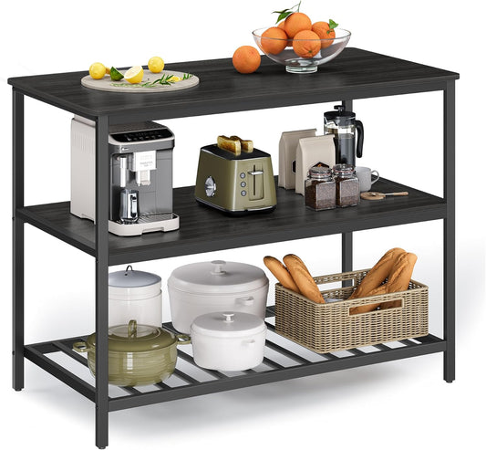 Kitchen Island with 3 Shelves, 47.2 Inches Width Kitchen Shelf with Large Worktop, Stable Steel Structure, Industrial, Easy to Assemble, Ebonised Oak and Black UKKI001B42