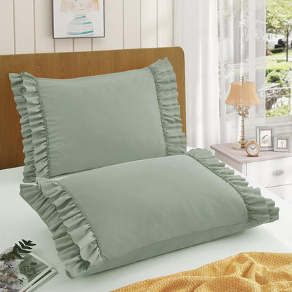 Ruffled Pillow Cases Set of 2, King Microfiber Pillowcases, Decorative Ruffle Pillow Covers with Envelope Closure, 20X36 Inches Sage Green Boho Pillow Shams