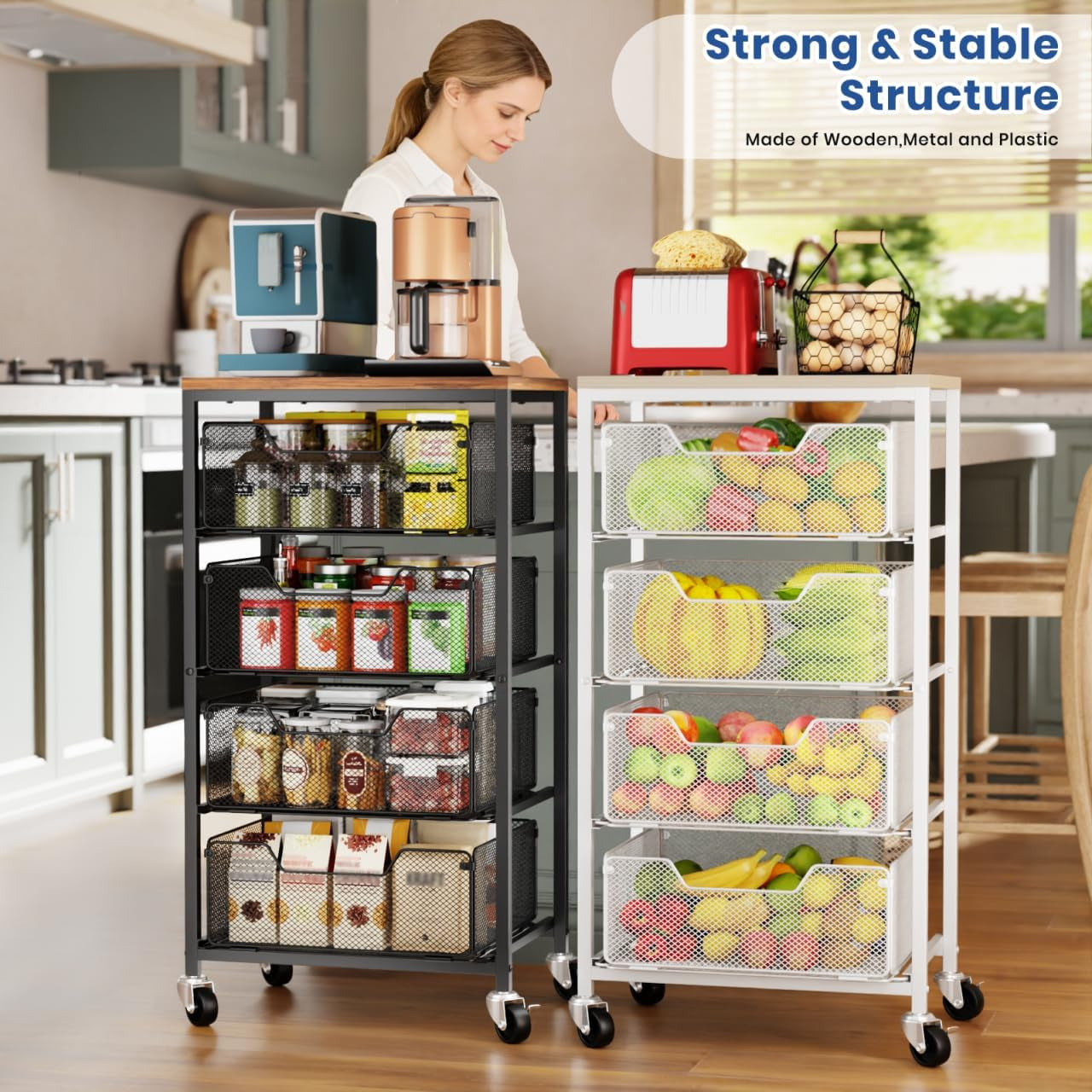 Kitchen Cart with Drawers, 4 Tier Metal Rolling Utility Cart Organizer on Lockable Wheels with Wooden Top, Black Fruit Vegetable Storage Rack Also for Cans, Snack, Craft, Art, Office, Beauty