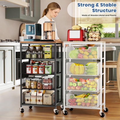 Kitchen Cart with Drawers, 4 Tier Metal Rolling Utility Cart Organizer on Lockable Wheels with Wooden Top, Black Fruit Vegetable Storage Rack Also for Cans, Snack, Craft, Art, Office, Beauty