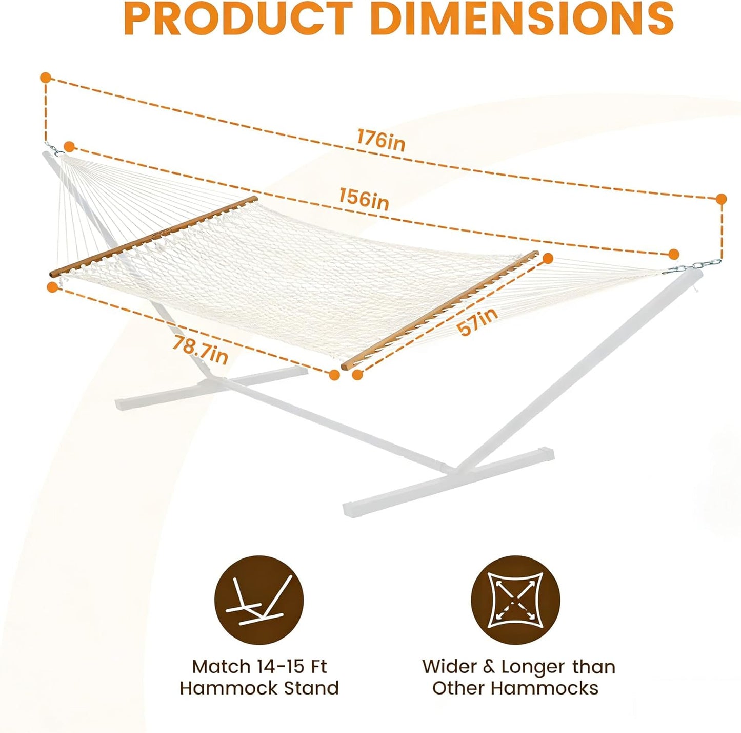 13-FT Polyester Rope Hammock, Double 2 Person Traditional Hand Woven Outdoor Hammock with Spreader Bar, Carabiners, Tree Straps, Chains for outside Patio- Max 450 Lbs, Natural