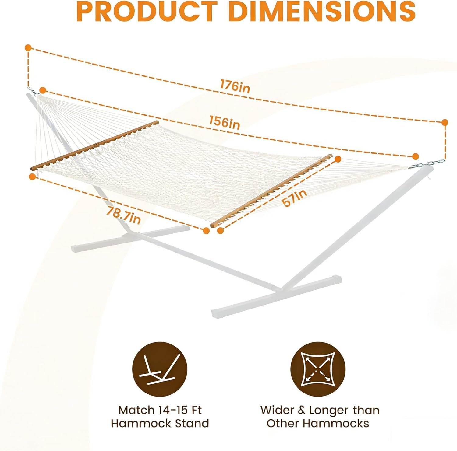 13-FT Polyester Rope Hammock, Double 2 Person Traditional Hand Woven Outdoor Hammock with Spreader Bar, Carabiners, Tree Straps, Chains for outside Patio- Max 450 Lbs, Natural