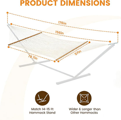 13-FT Polyester Rope Hammock, Double 2 Person Traditional Hand Woven Outdoor Hammock with Spreader Bar, Carabiners, Tree Straps, Chains for outside Patio- Max 450 Lbs, Natural