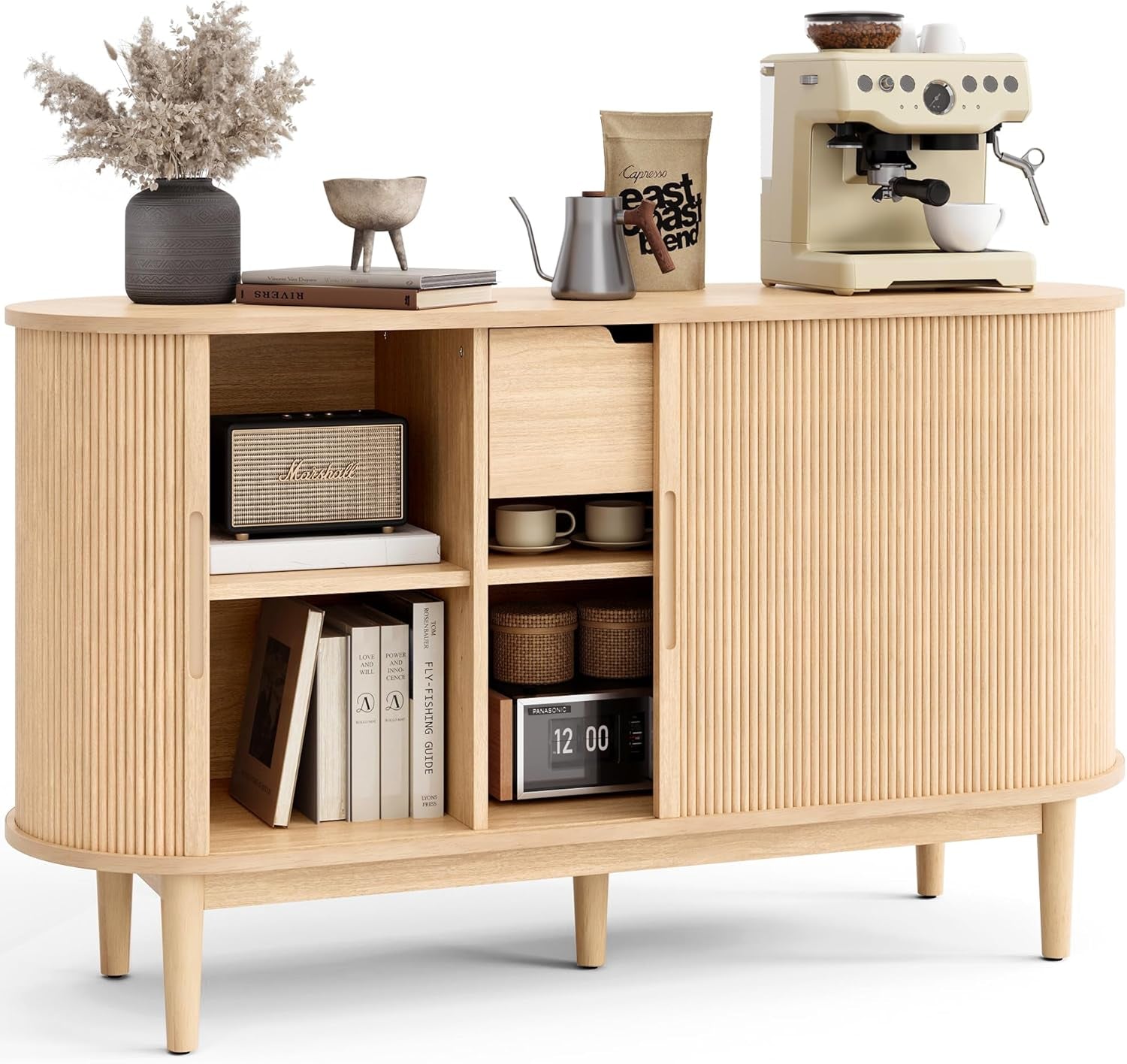 Sideboard Buffet Cabinet with Storage, 55" Fluted Coffee Bar Cabinet with Tambour Sliding Doors and Drawer, Mid Century Modern Wood Storage Buffet Table for Kitchen, Living Room, Oak