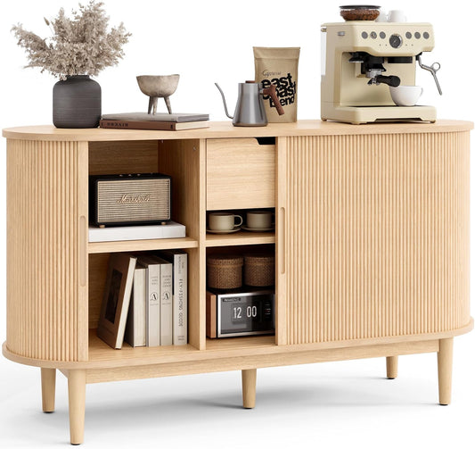 Sideboard Buffet Cabinet with Storage, 55" Fluted Coffee Bar Cabinet with Tambour Sliding Doors and Drawer, Mid Century Modern Wood Storage Buffet Table for Kitchen, Living Room, Oak