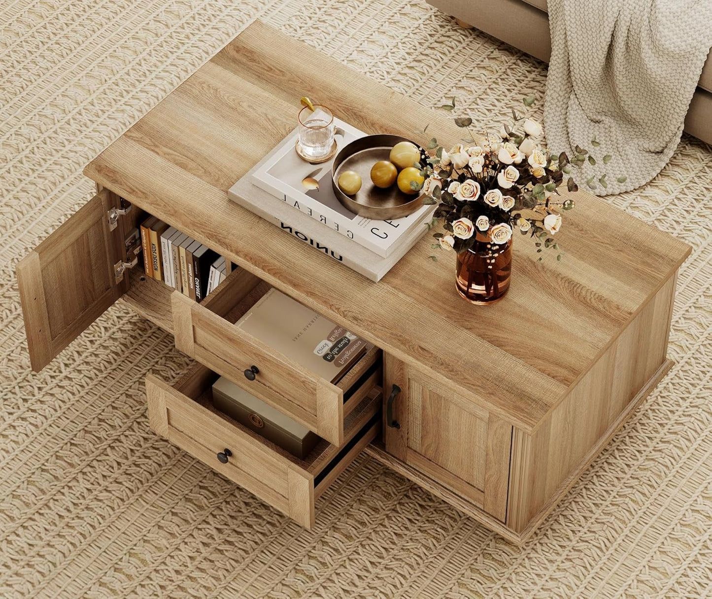 Farmhouse Coffee Table with Storage Cabinet, Wooden Coffee Tables for Living Room, Rustic Tea Table Rectangle Center Table with Drawers for Home, Oak