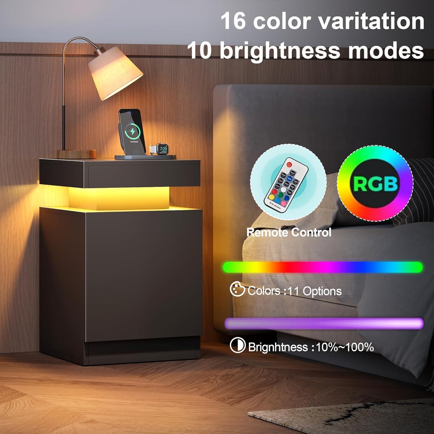 Nightstand Set of 2 with LED Lights,Night Stand with Storage Cabinet for Bedroom,Bedside Table with LED (Black, 15" / Set of 2)