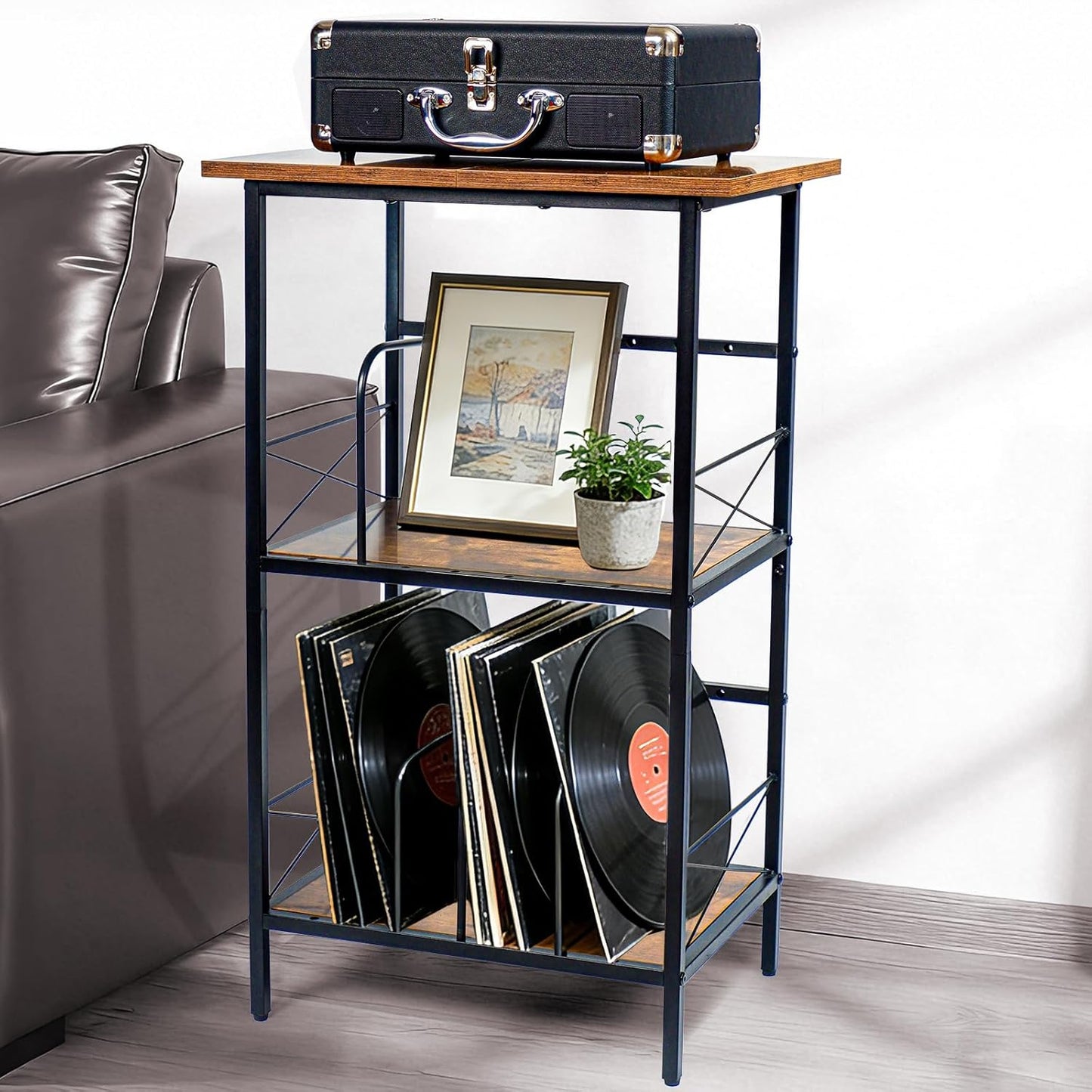 Record Player Stand with 4 Adjustable Dividers, Vinyl Record Storage Holds 200 Lps, 3 Layer End Table, Multi-Functional Record Player Table for Home, Rustic Brown