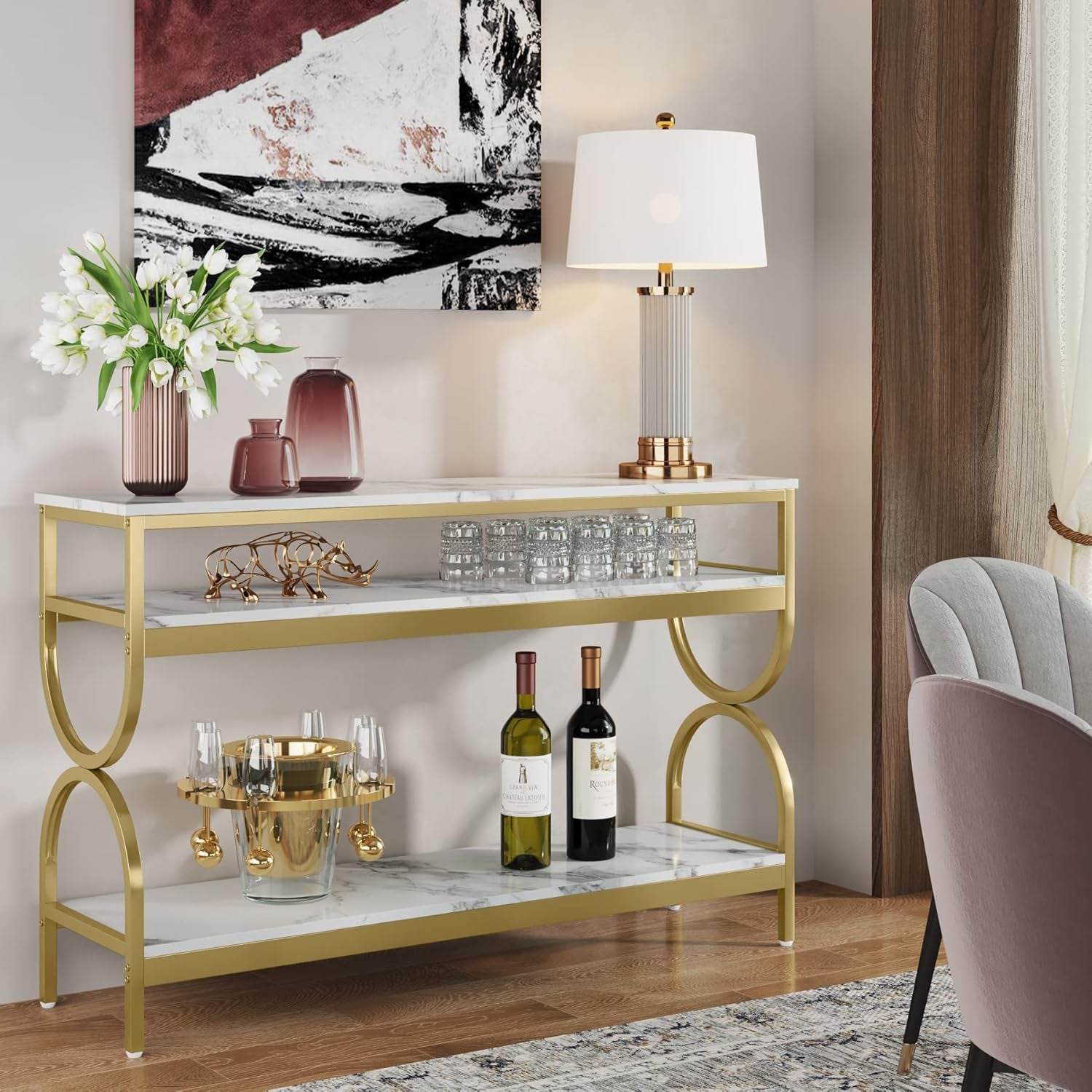 3-Tier Console Table, 55 Inch Sofa Table with Open Storage Shelves, Narrow Long Hallway/Entryway Table with Faux Marble Top for Home Living Room Entryway, White & Gold
