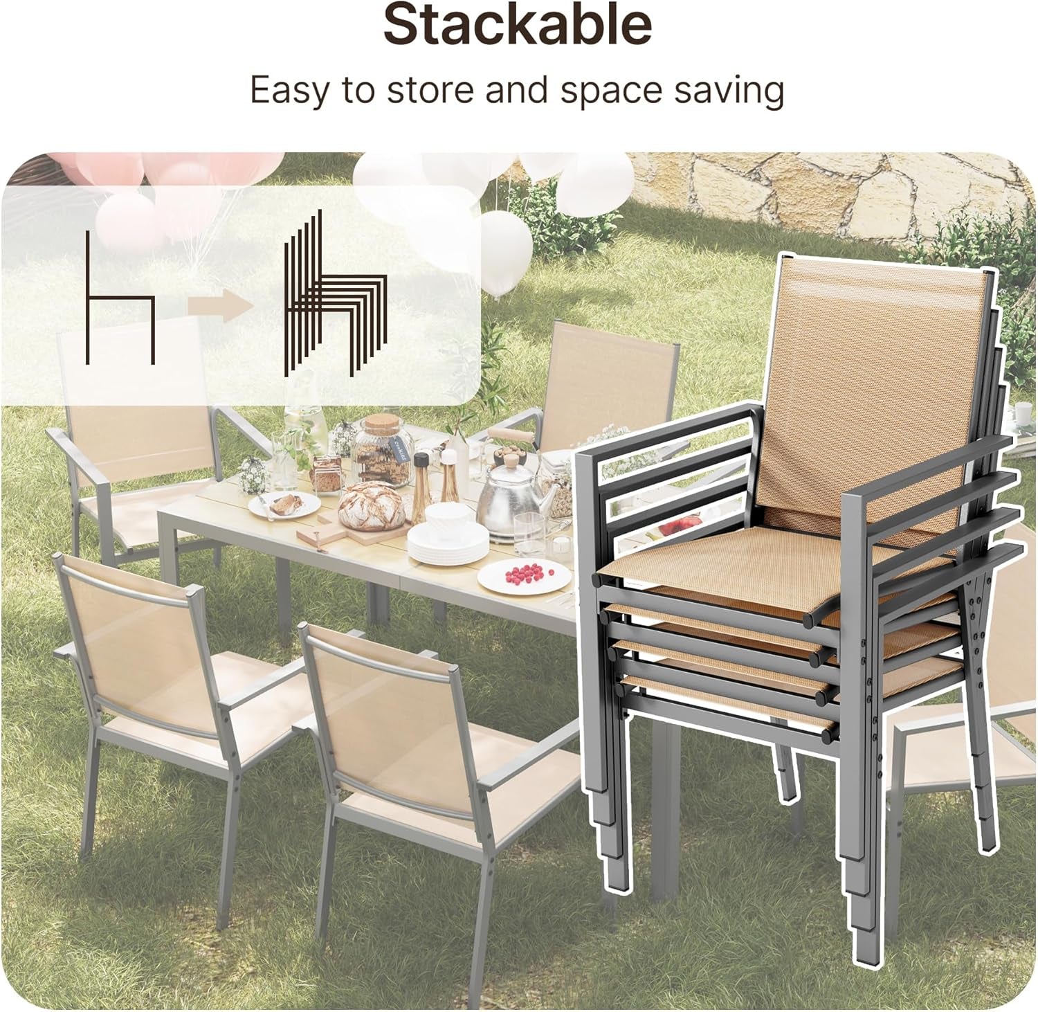 Patio Table and Chairs Set for 6, Outdoor Dining Set Includes 59.5" Rectangle Patio Table with Side Umbrella Hole and 6 Textilene Fabric Patio Chairs for Backyard, Courtyard, Poolside, Brown