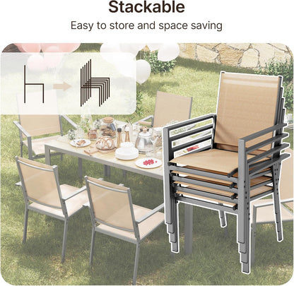 Patio Table and Chairs Set for 6, Outdoor Dining Set Includes 59.5" Rectangle Patio Table with Side Umbrella Hole and 6 Textilene Fabric Patio Chairs for Backyard, Courtyard, Poolside, Brown