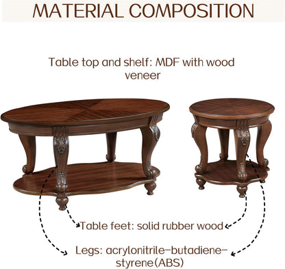 Wood Coffee Table Set with Storage Shelf Oval Coffee Tables and round Side Table for Living Room Farmhouse, Antique Elegant Carved Legs, Easy Assembly, Cherry