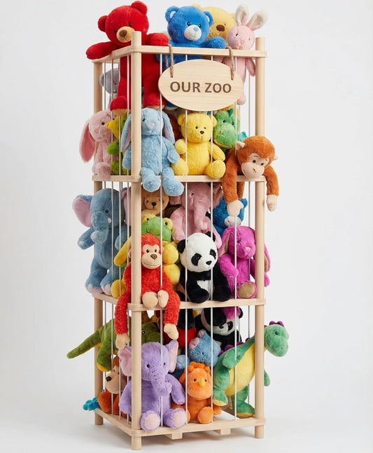Stuffed Animal Storage Organizer - Thick Wooden Toy Zoo for Playroom & Bedroom, Large Plushies Holder with Cute Jail Cage Design, Plush Toy Display Tower Shelf (Large)