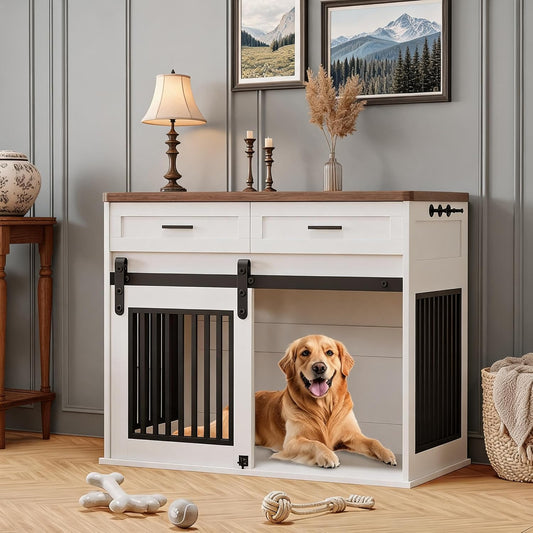 44.5" Wooden Dog Crate Furniture with Storage Drawers, Heavy Duty Pet Kennel End Table, Sliding Barn Doors, Indoor Decorative TV Stand for Medium or Large Breeds