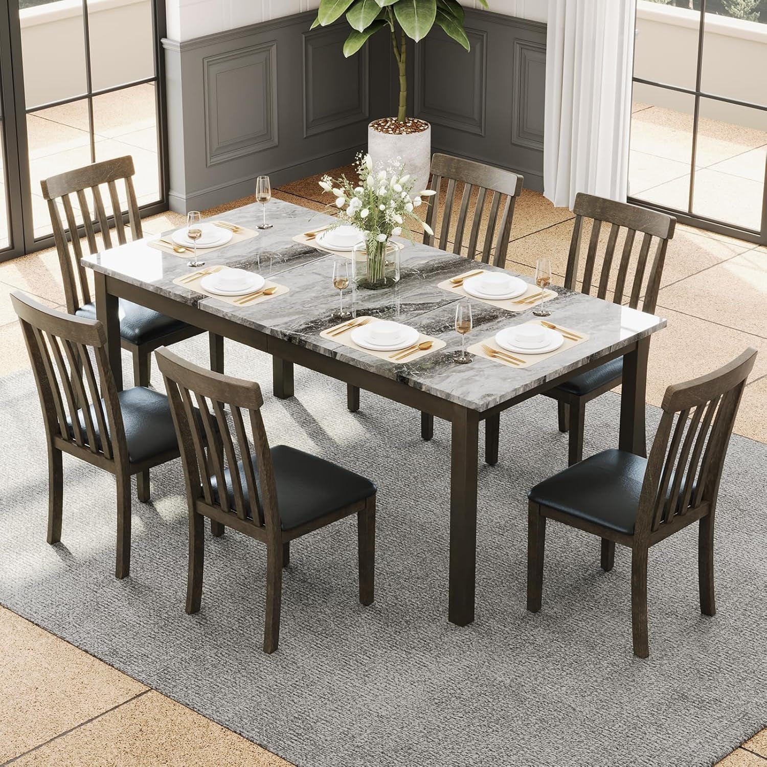 7-Piece Dining Table Set, 71" Faux Marble Modern Table with 6 PU Leather Upholstered Chairs, Heavy-Duty Solid Wood Set for Kitchen & Dining Room, Dark Brown