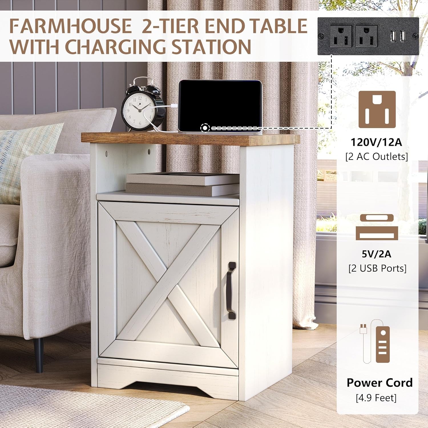 3-Piece Farmhouse Living Room Table Sets, Includes 1 X Coffee Table, 2 X End Tables with Charging Station & USB Ports, Rustic Coffee Table Set of 3, Distressed White