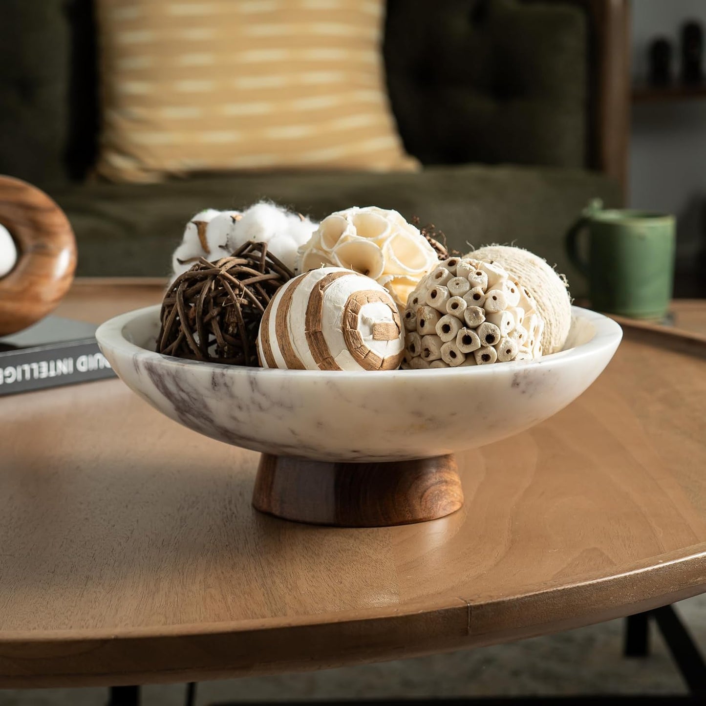 Marble Decorative Bowl for Home Decor - Handcrafted Natural Stone with Acacia Wood Pedestal - Versatile 11" Catch All for Entryway, Kitchen Fruit Bowl, Potpourri, Dining Table Centerpiece