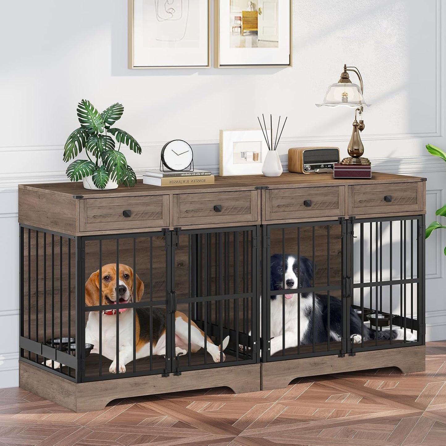 Dog Crate Furniture, 35 Inch Dog Kennel Indoor Furniture with Storage Drawers Rustic Pet Cage End Table with 2 Adjustable Bowls for Small/Medium/Large Dogs