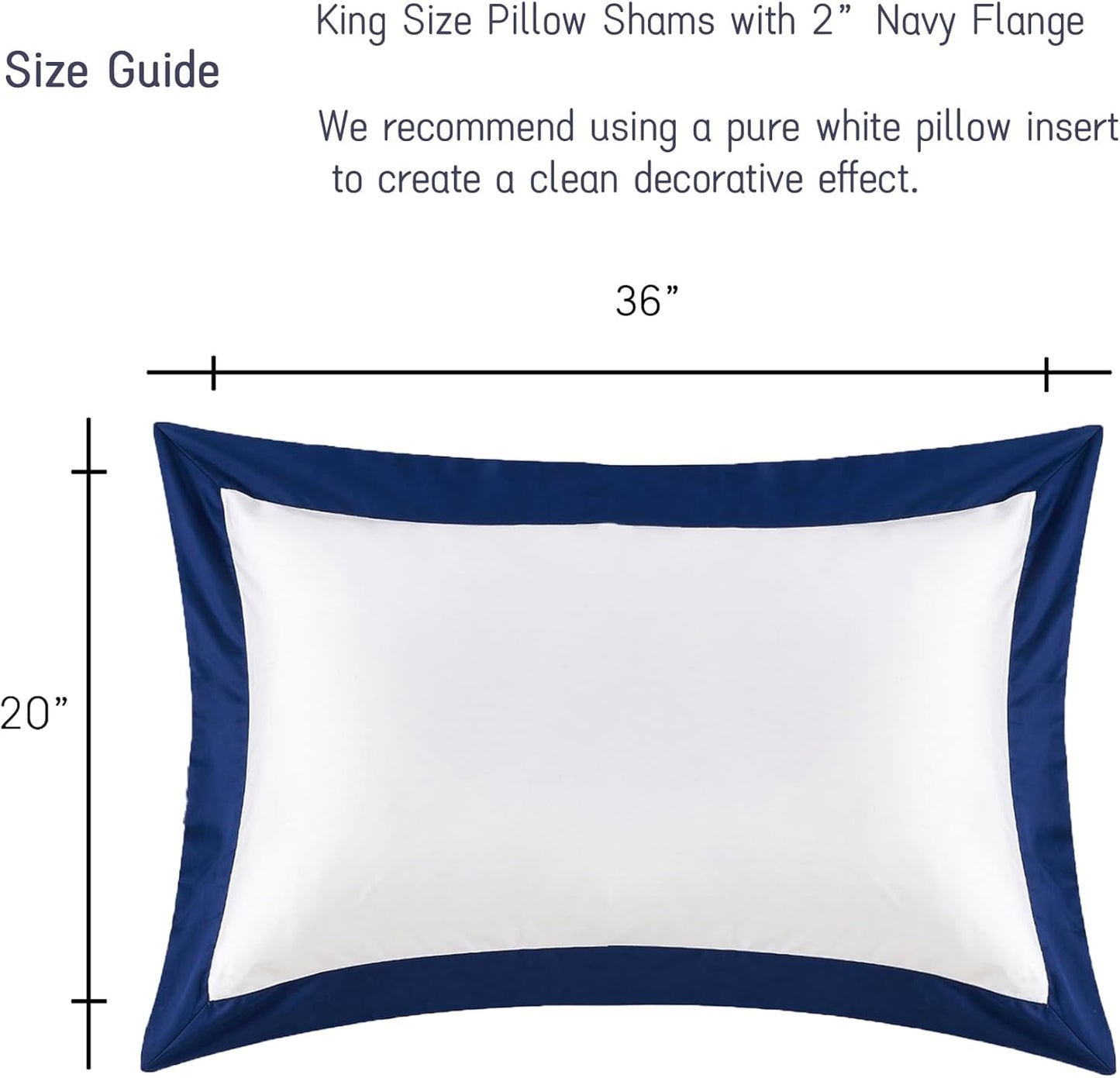 White Pillow Shams King Size Set of 2, 100% Cotton Hotel Luxury Decorative Pillow Sham with Navy Border, 400TC Sateen Weave Soft Smooth Breathable Elegant Pillowcases for Bedding, 20X36 Inches