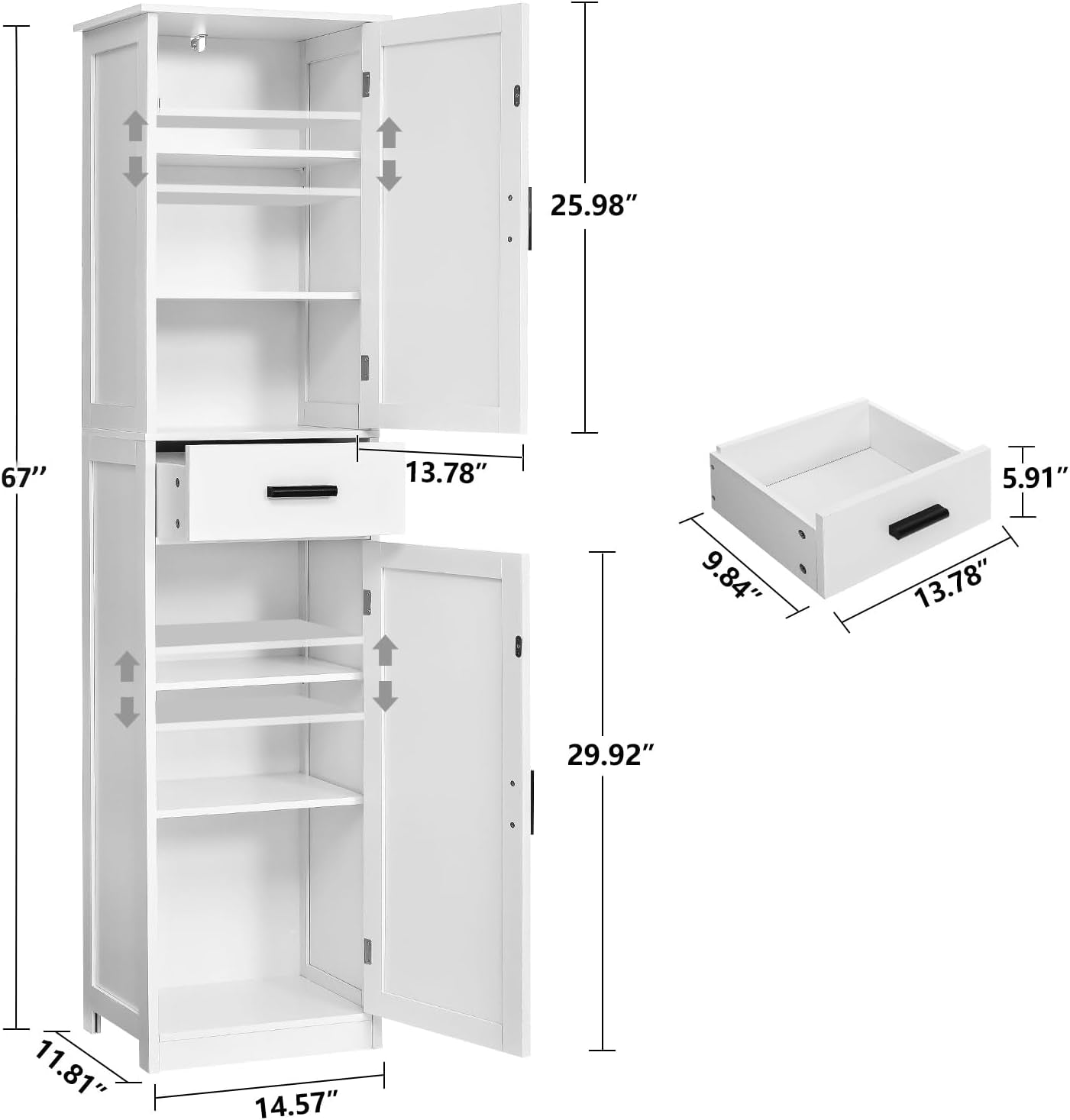 67'' Tall Bathroom Cabinet, Storage Cabinet with 4 Shelves & 2 Doors, Narrow Storage Cabinets for Bathroom, Living Room, Home Office, White