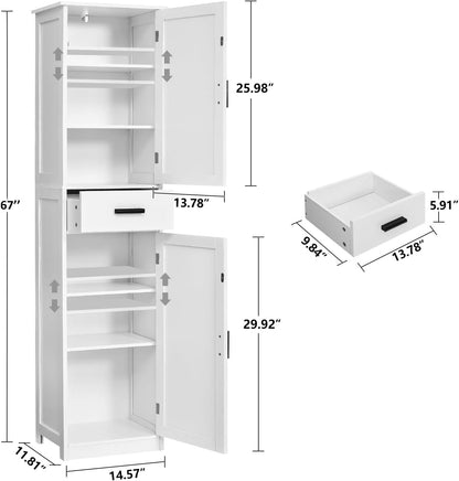 67'' Tall Bathroom Cabinet, Storage Cabinet with 4 Shelves & 2 Doors, Narrow Storage Cabinets for Bathroom, Living Room, Home Office, White