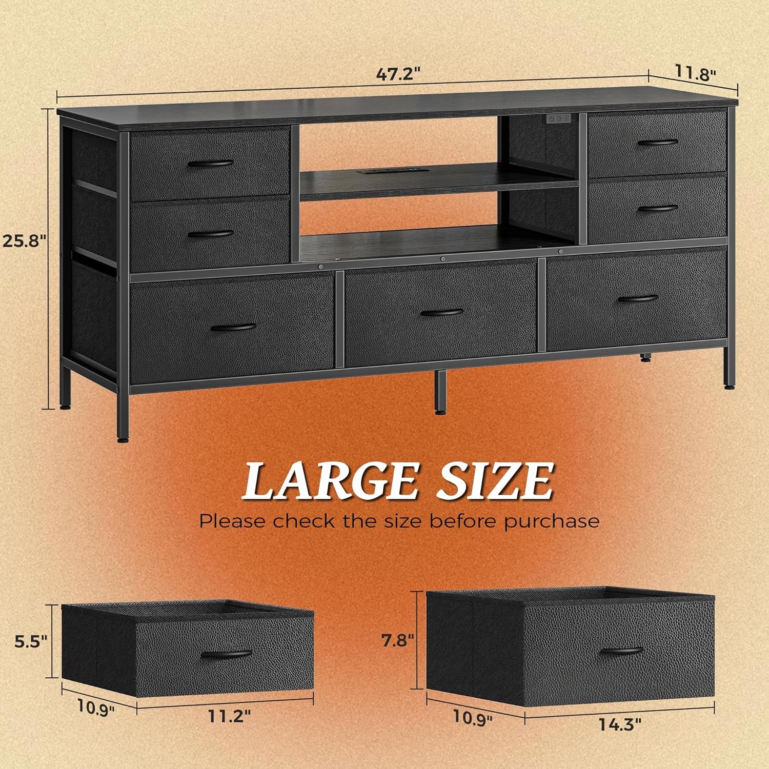 TV Stand Dresser with Power Outlets and LED Lights, 7 Drawer Console for 55 Inch TV, Black PU Leather Bedroom Dresser