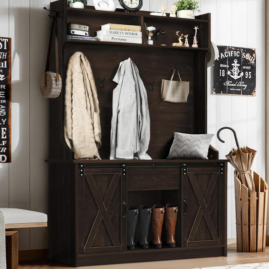 Hall Tree with Shoe Storage, 5-In-1 Entryway Bench with Storage Coat Rack, Entryway Hall Tree with Bench and Adjustable Shelf, Brown