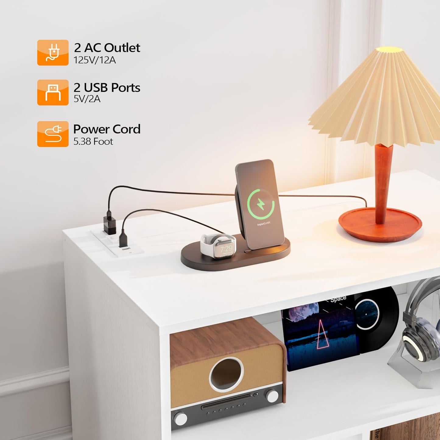 Record Player Stand with Open Vinyl Storage, Mid-Century Album Storage Table with LED Light up to 300 Albums, Vinyl Record Player Shelf with Power Outlet for Living Room, White