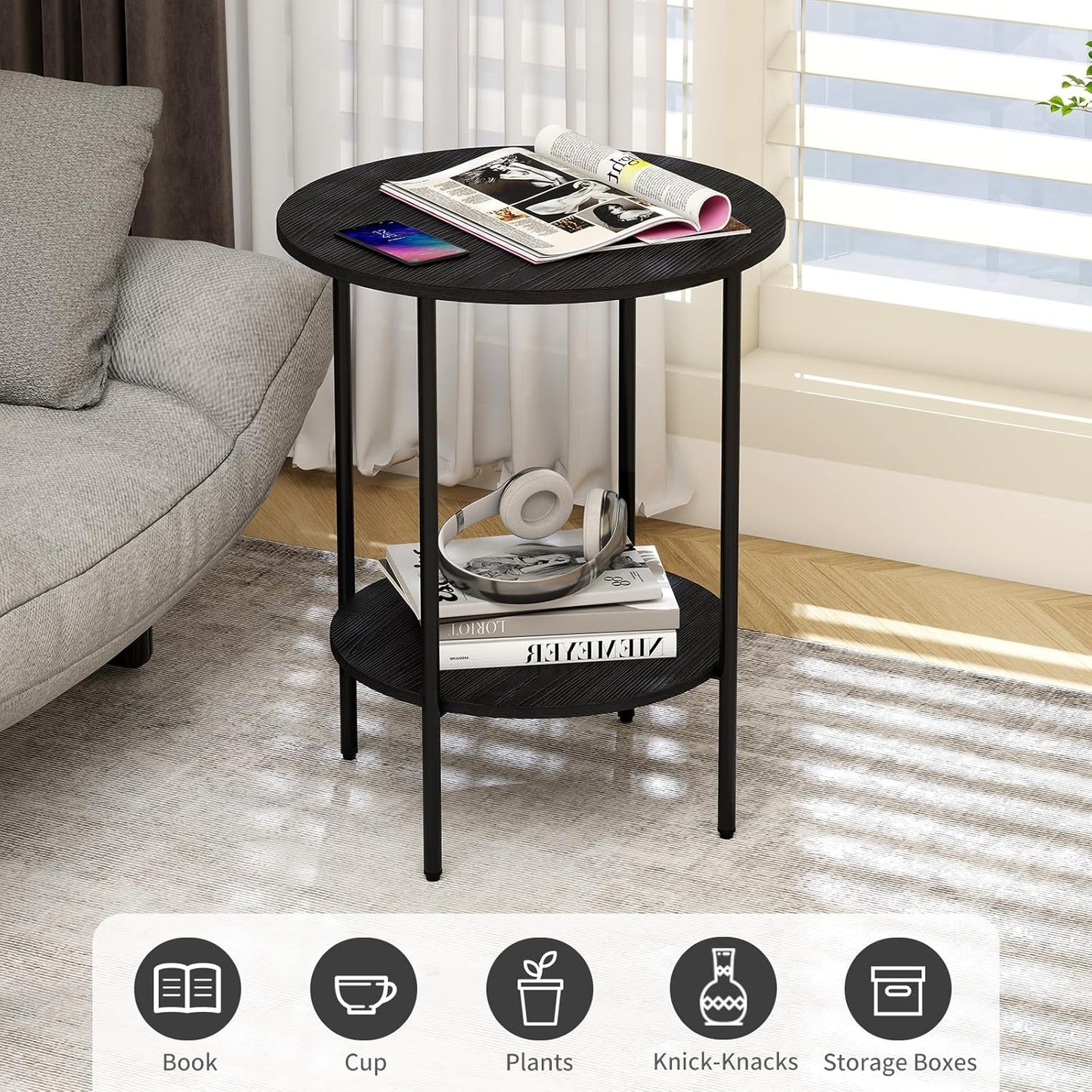 Side Table,Round End Table with 2 Storage Shelves| Compact Side Tables for Living Room, Couch, Office & Bedroom | Narrow Accent Table as Space-Saving Small Bedside Table 18X18X22In(Black)