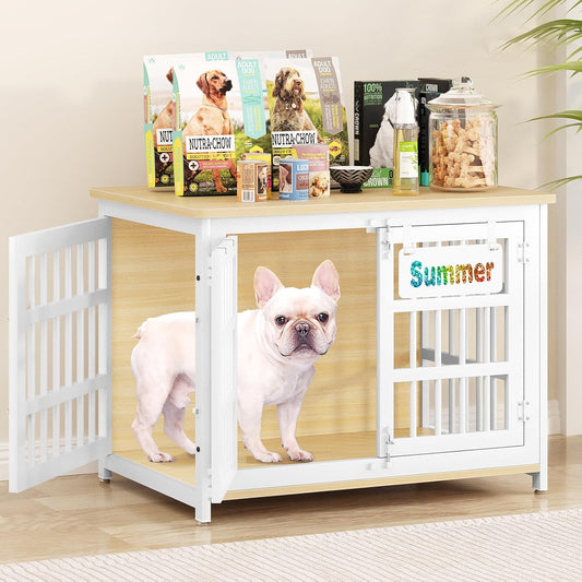 33" Dog Crate Furniture with Name Tag, Heavy Duty Dog Kennel Indoor for Medium and Small Dogs, Double-Doors Sturdy Metal Dog Cage, Decorate House as TV Stand, End Table, Bedside Table