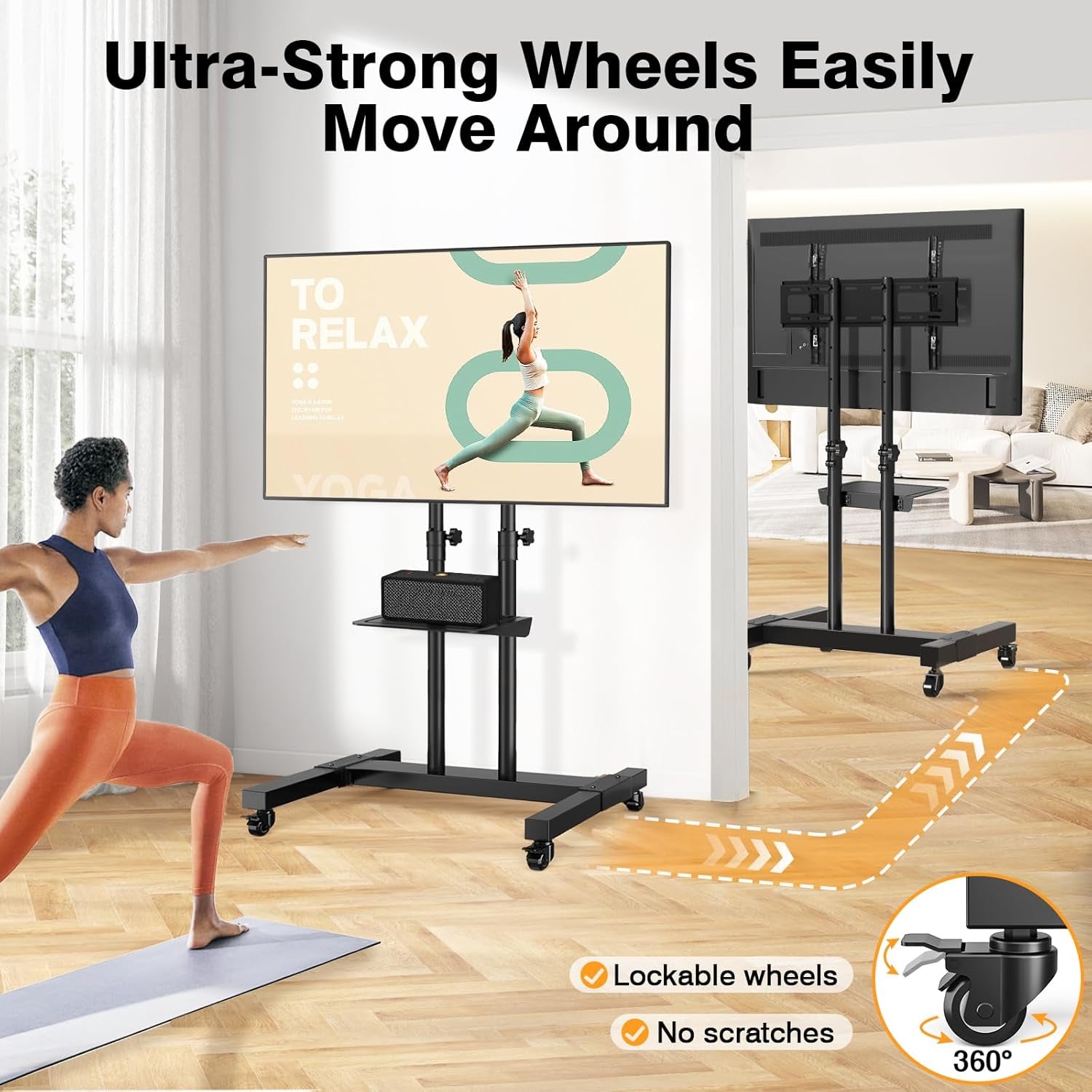 Mobile TV Stand Rolling TV Cart Floor Stand with Mount on Lockable Wheels Height Adjustable for 32-83 Inch TV Stand Flat Screen or Curved Tvs Monitors Display Trolley Loading 110 Lbs