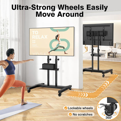 Mobile TV Stand Rolling TV Cart Floor Stand with Mount on Lockable Wheels Height Adjustable for 32-83 Inch TV Stand Flat Screen or Curved Tvs Monitors Display Trolley Loading 110 Lbs