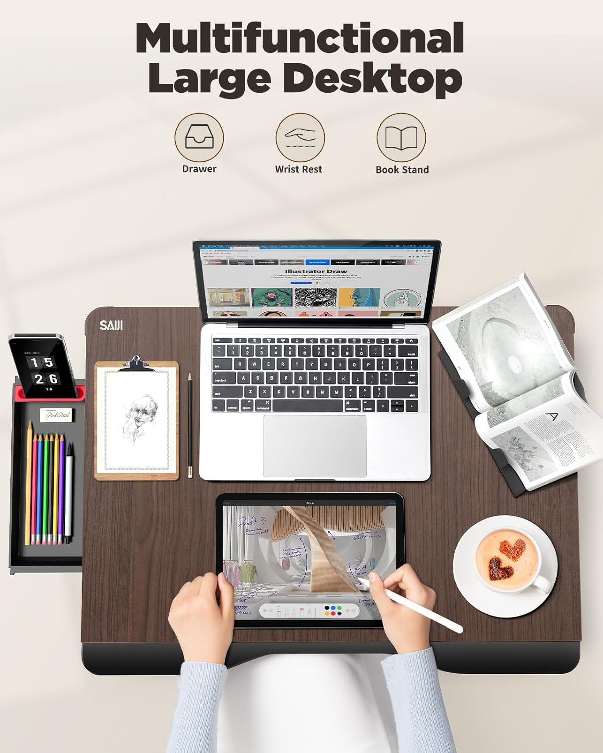 Laptop Desk for Bed,  Xx-Large Foldable Bed Tray Table for Eating Breakfast, Writing, Working, Gaming, Drawing with Storage Drawer, Handrest Bookstand, Tablet Stand, Phone Stand(Black Cherry)