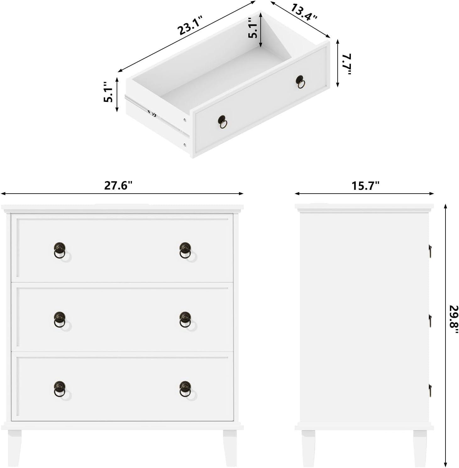 White 3 Drawers Nightstand with Charging Station, Modern Bedside Table 3 Drawers End Table, Storage Cabinet for Bedroom, Hallway, Entryway, Home Office