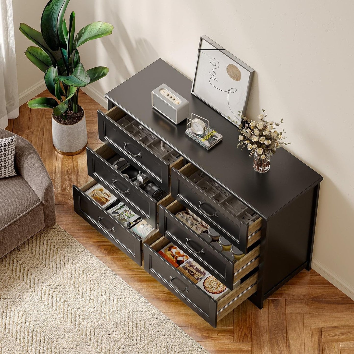 6 Drawer Dresser for Bedroom，47'' Larger Chest of Drawers with Mental Handle for Kids Room, Black Dresser with 6 Storage Drawers for Living Room, Entryway and Hallway, Black