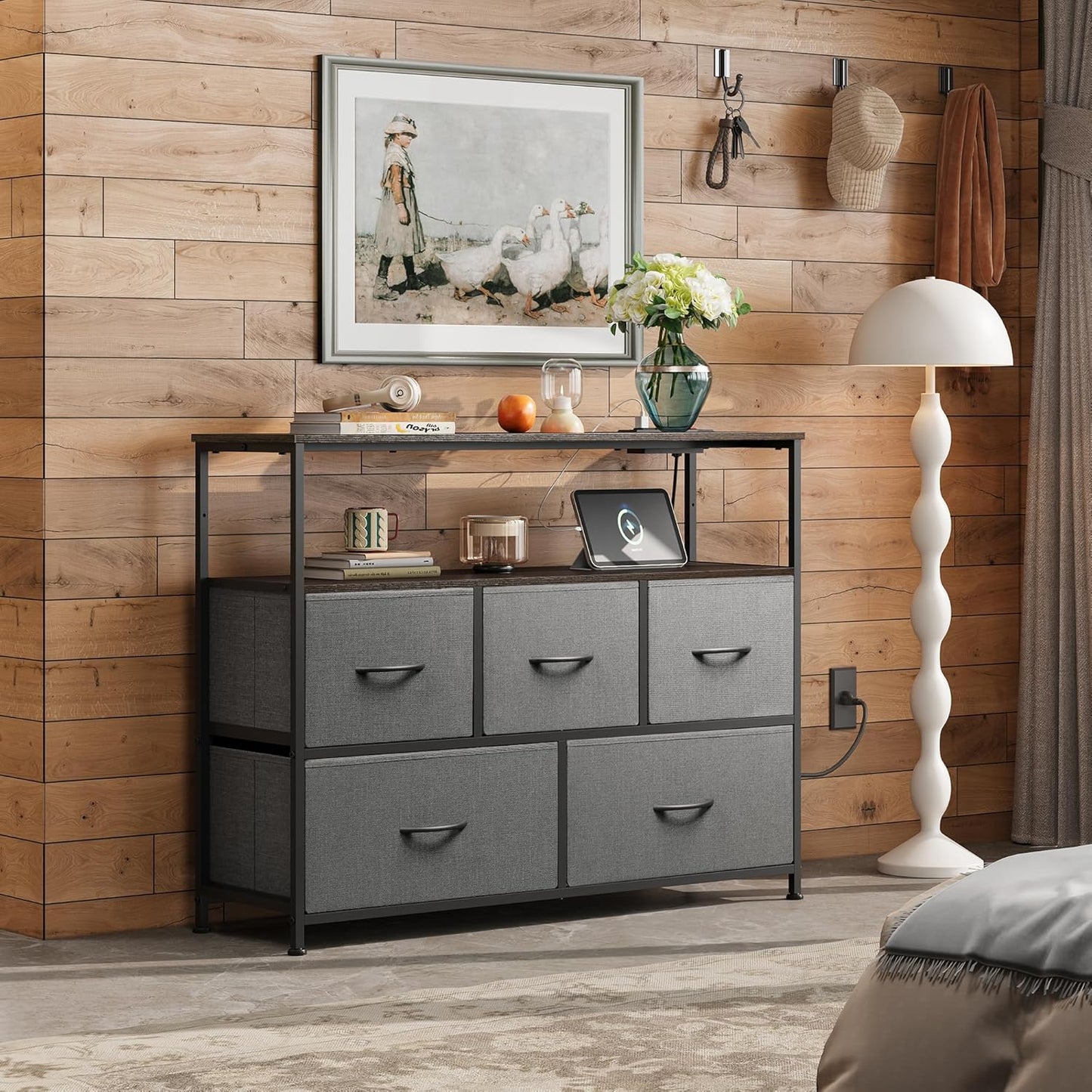 5 Drawer Dresser TV Stand for 45 Inch TV, Entertainment Center with Open Shelf and Power Outlet, Chest of Drawers for Bedroom, Living Room, Closet, Dark Grey