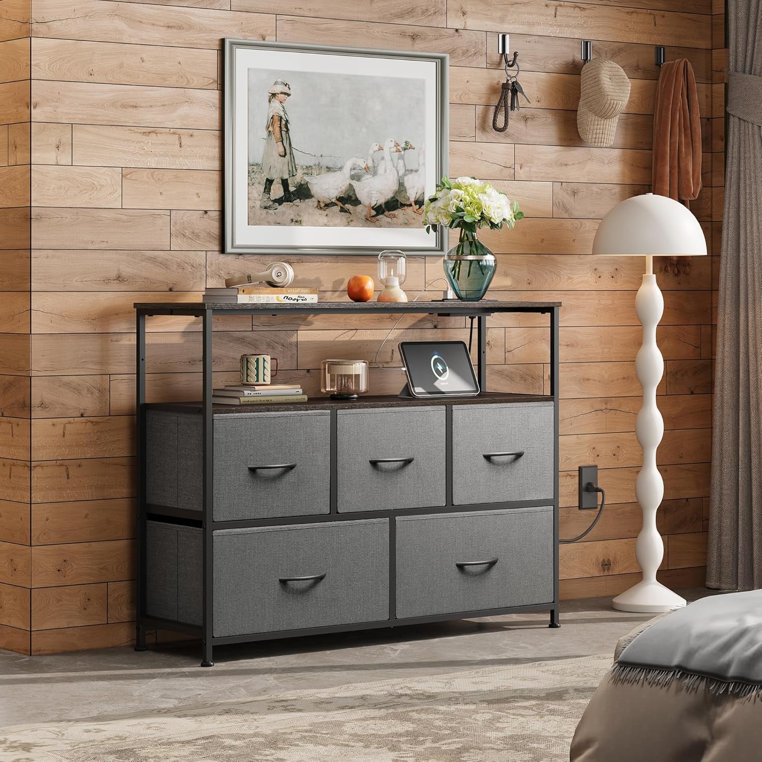 5 Drawer Dresser TV Stand for 45 Inch TV, Entertainment Center with Open Shelf and Power Outlet, Chest of Drawers for Bedroom, Living Room, Closet, Dark Grey